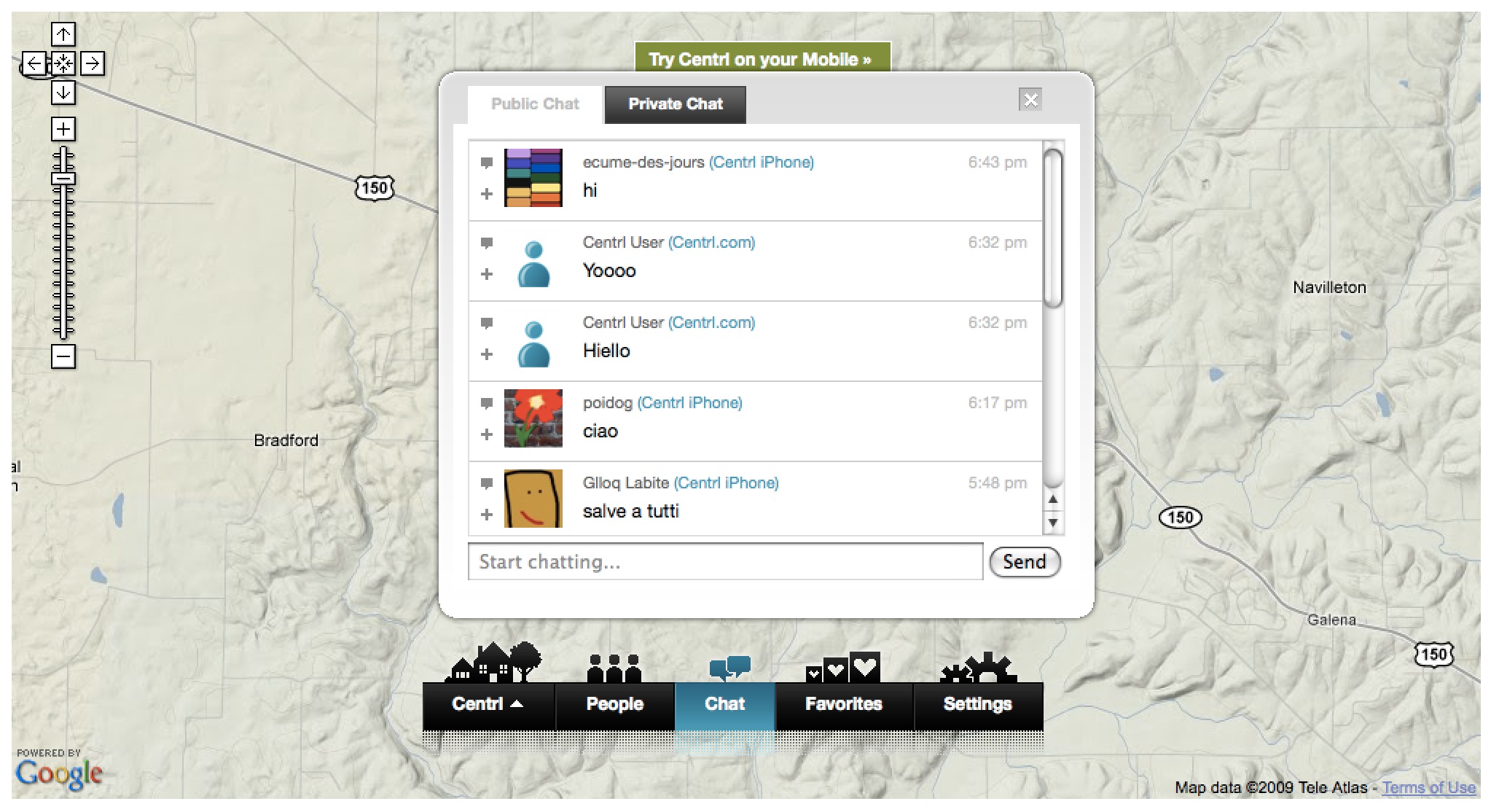 Online messaging in Centrl on desktop