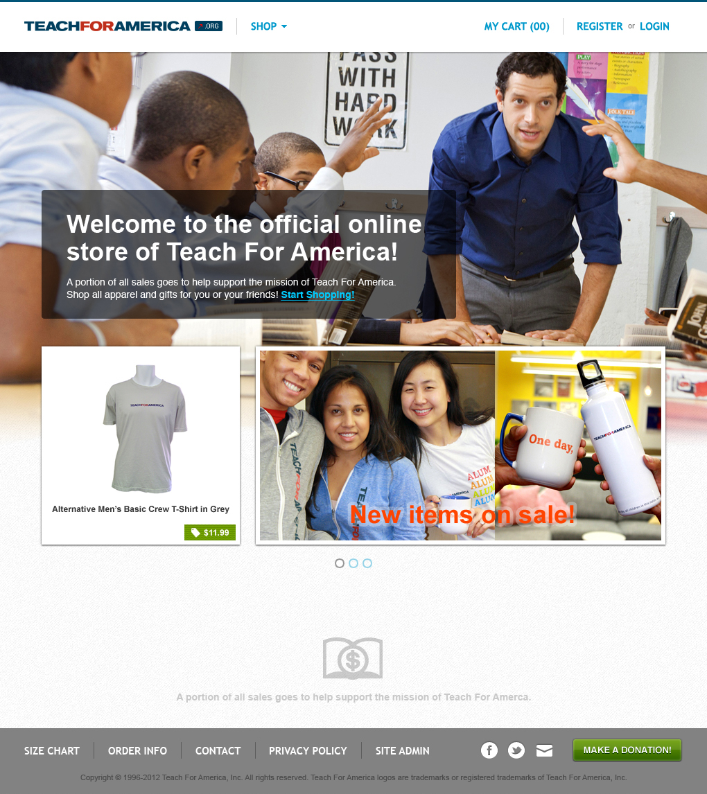 Home page UI of the redesigned online store for Teach For America