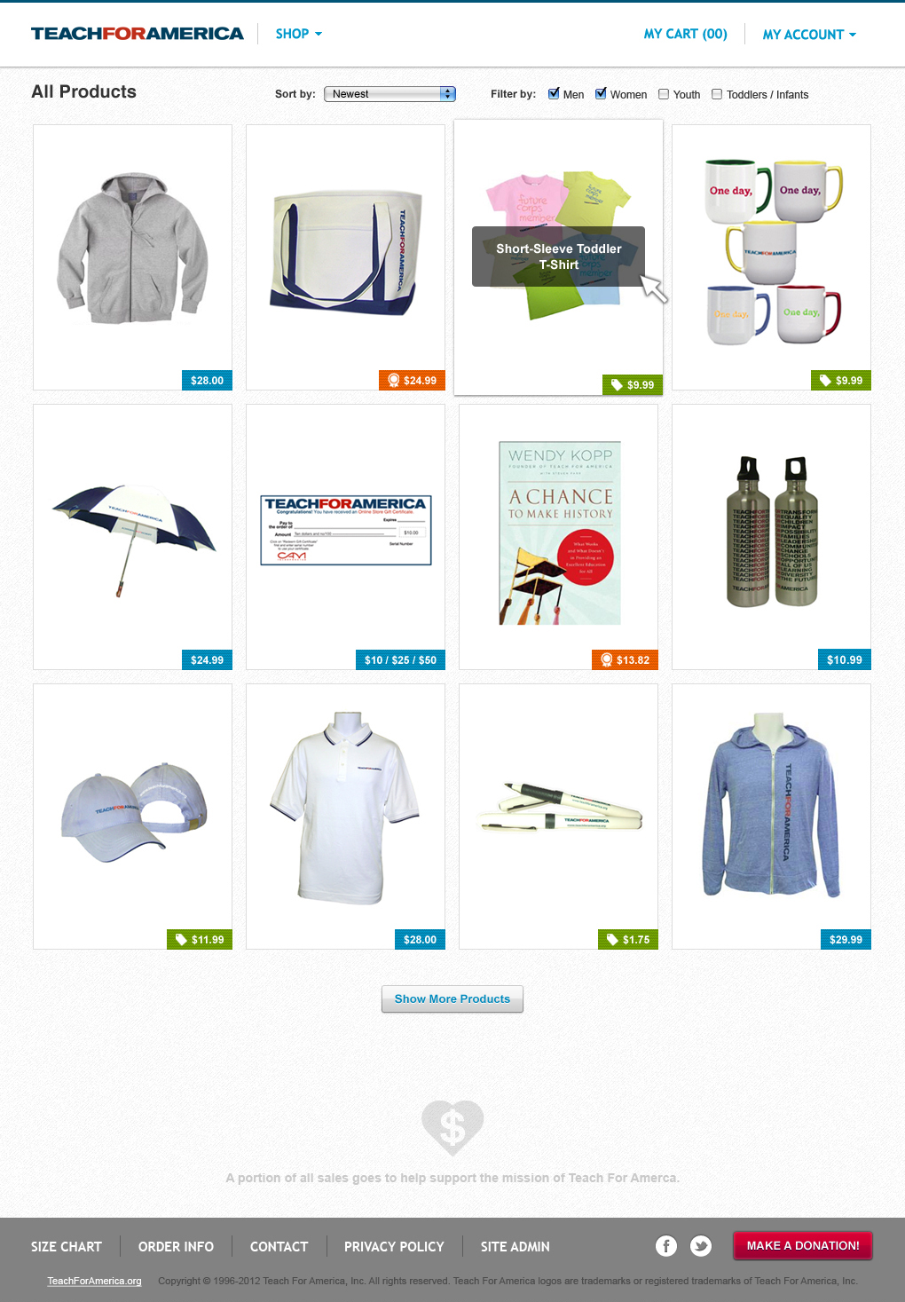 View of all products in the redesigned online store for Teach For America